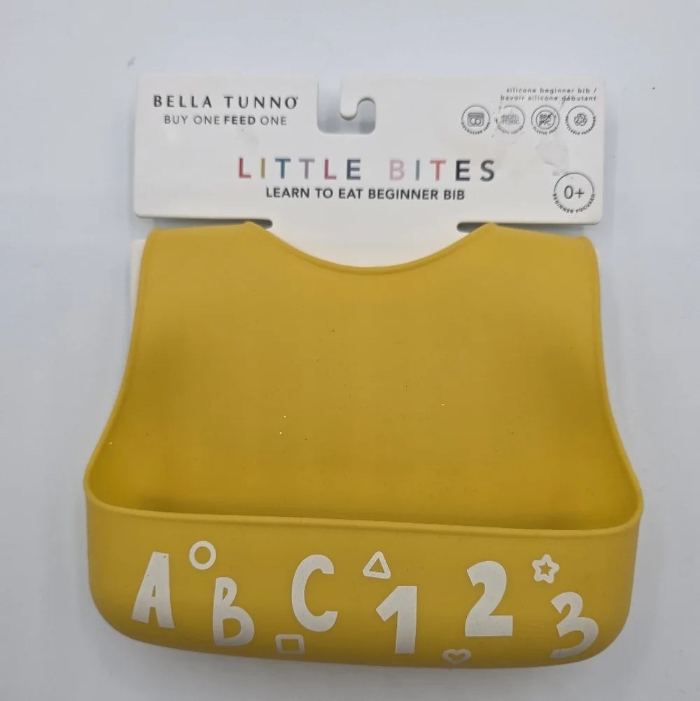 Bella Tunno Little Bites Silicone Bib NWT Learn to Eat Beginner 0+ ABCs Yellow
